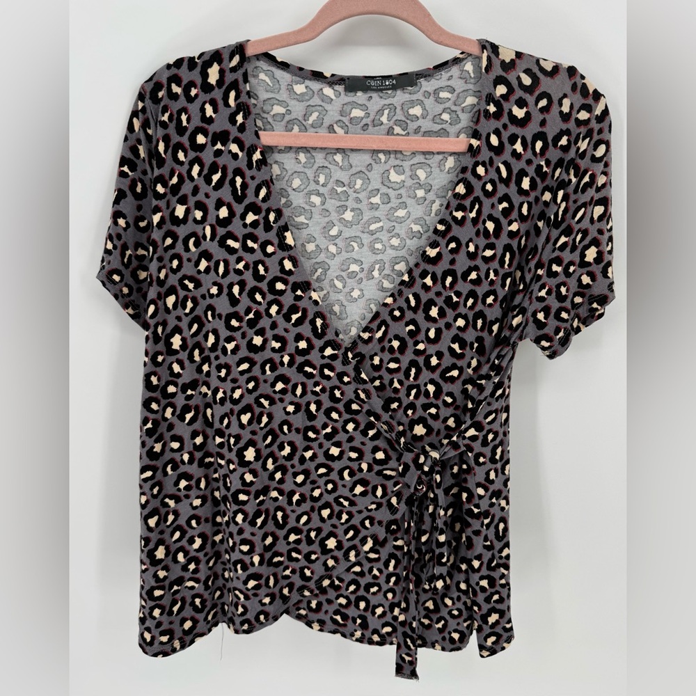 Coin 1804 Women's y2K Leopard Print Low Cut Wrap Snap Tie Front Blouse